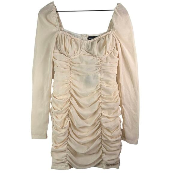 Cream Ruched Long Sleeve Mini Prom Dress Sheer Sleeves Square Neck‎ Bodycon Sz S - Picture 3 of 16